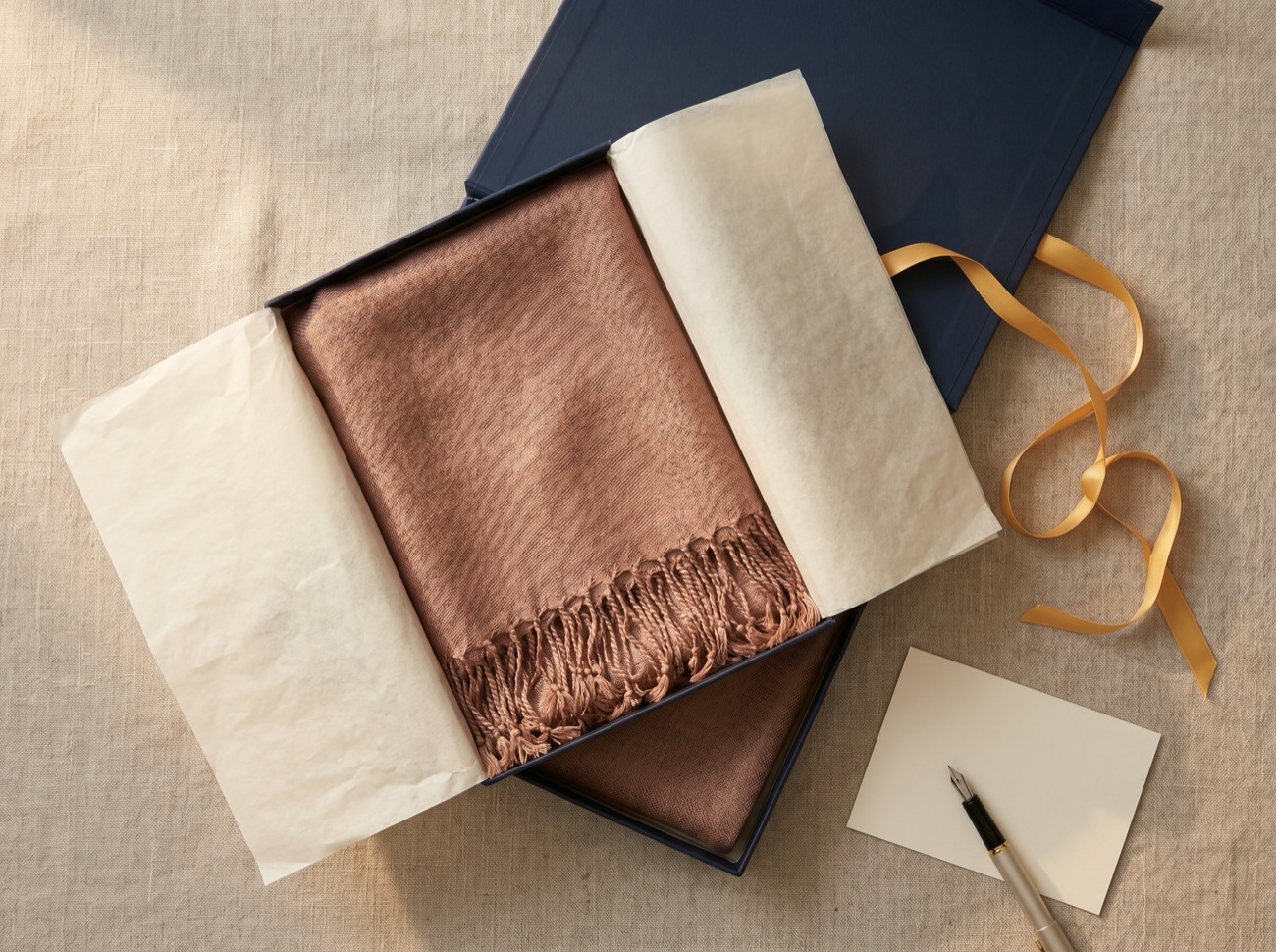 An opened Noorbaft gift box: ink-navy box, gold ribbon, a Mitti earthen-rose shawl in ivory tissue, and a blank notecard