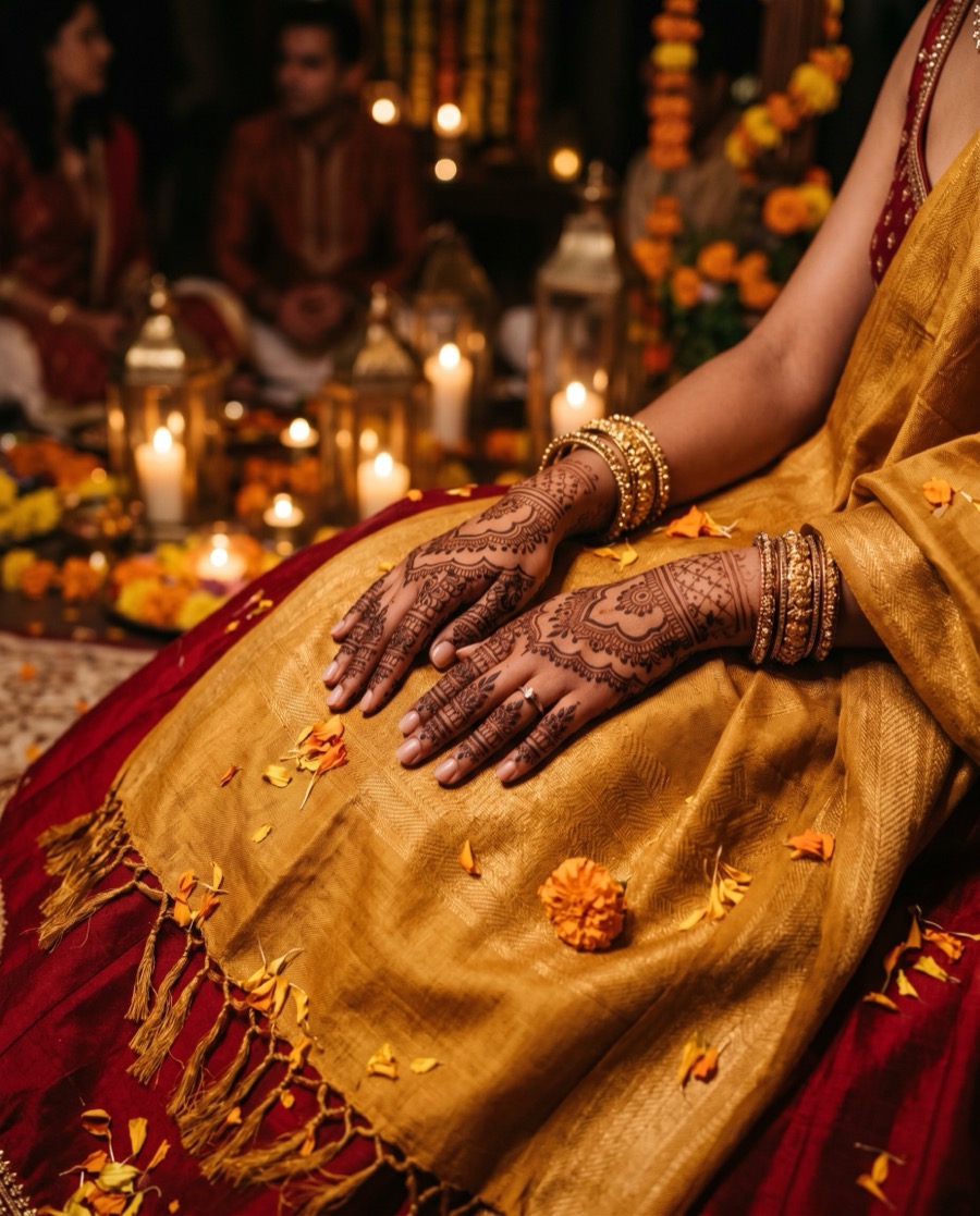 Henna-decorated hands resting on a saffron-gold shawl among marigolds and candles