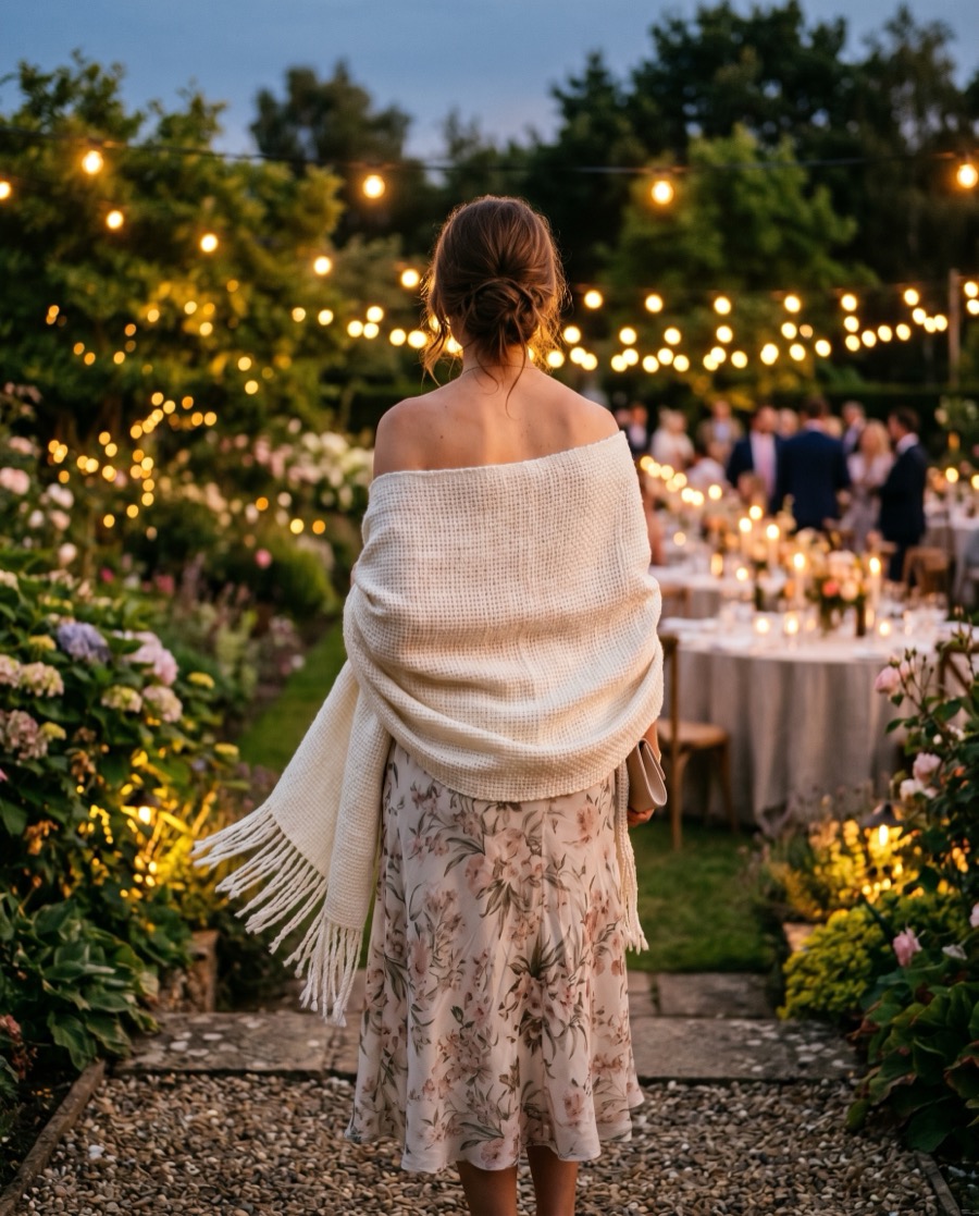 A wedding guest wearing the ivory shawl at a garden reception under festoon lights