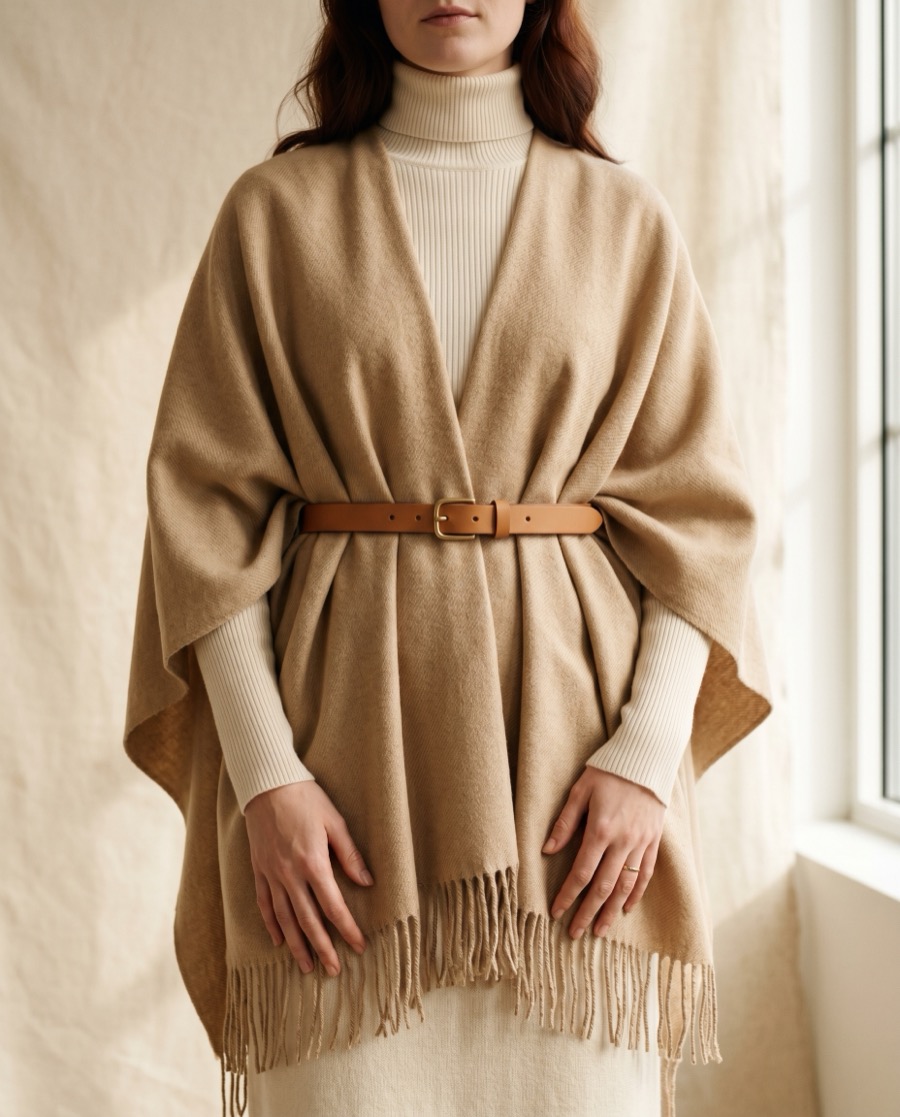 The shawl in Gandum wheat beige belted as a cape