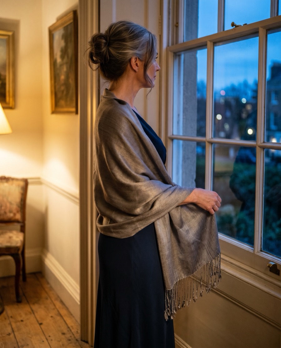 The shawl in Dhuan smoke taupe worn as an evening stole over a dress