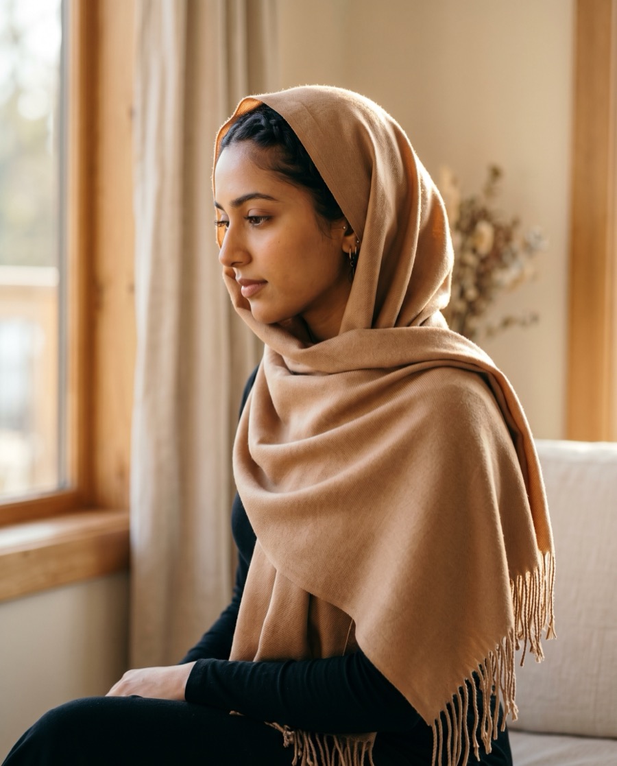 The shawl in Chai milky-tea camel styled as an elegant head wrap