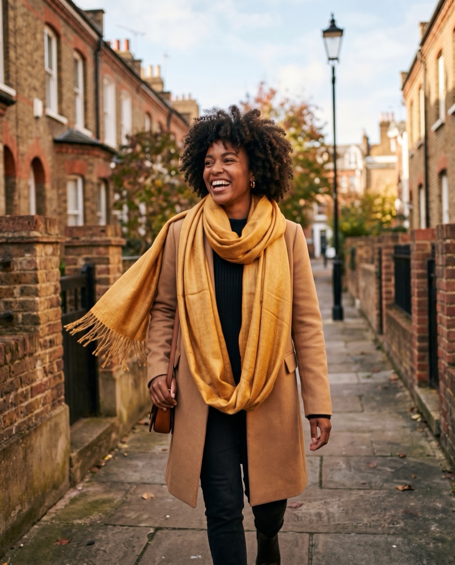 The shawl in Zaffran saffron looped as an everyday scarf with a winter coat