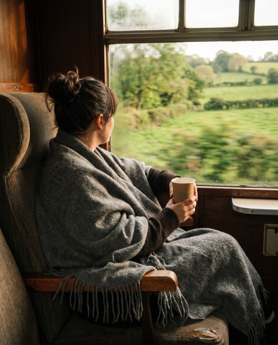 The shawl in Surmai grey used as a travel blanket on a train